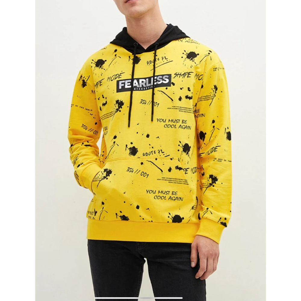 LC Waikiki Men's Yellow Graphic Print Hoodie Medium